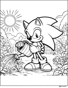 Sonic Watering Garden Plants on a Sunny Day Coloring Sheet