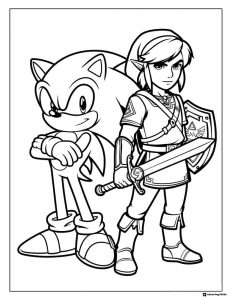 Sonic and Link Coloring Page with Sword and Shield Pose