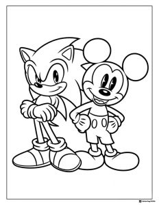Sonic and Mickey Mouse Coloring Page with Smiling Poses