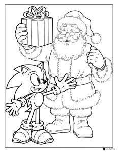 Sonic and Santa with gift coloring page