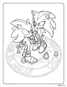 Sonic and Shadow Coloring Page with Chaos Emeralds