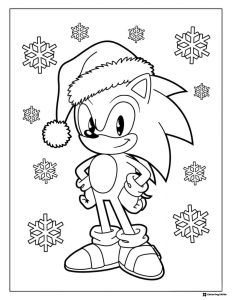 Sonic in Santa hat with snowflakes coloring page