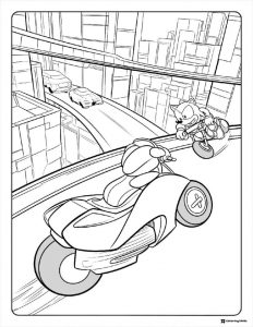 Sonic on a Bike Coloring Page in a city race