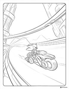 Sonic on a Motorcycle Coloring Page on a Curved Track