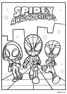 Spidey Amazing Friends Coloring Page with three chibi Spideys