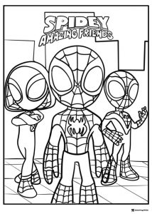 Spidey Amazing Friends Coloring Page with three chibi characters