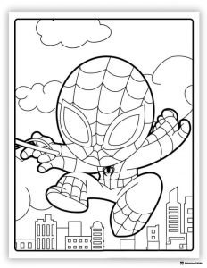 Spidey Web Slinging Over City Coloring Page