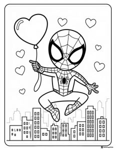Spidey with Heart Balloon Over City Coloring