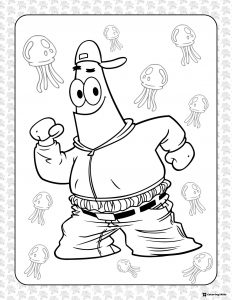 SpongeBob Coloring Page Patrick Star in hip hop attire with jellyfish