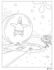 SpongeBob Coloring Page Patrick in a bubble and SpongeBob waving