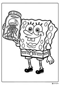 SpongeBob Coloring Page SpongeBob holding a jar with a jellyfish inside