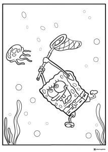 SpongeBob Coloring Page SpongeBob jellyfish catching with a net