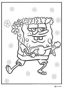 SpongeBob Coloring Page SpongeBob playing a ukulele with a lei