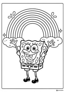 SpongeBob Coloring Page SpongeBob under a big rainbow