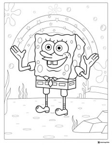 SpongeBob Coloring Page SpongeBob with a rainbow and stars behind him