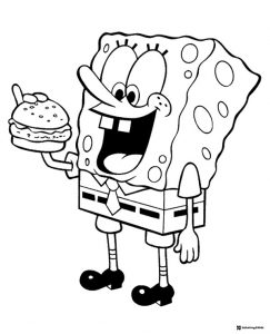 SpongeBob Coloring Page holding a Krabby Patty