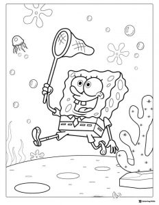 SpongeBob Coloring Page jellyfish catching with a net