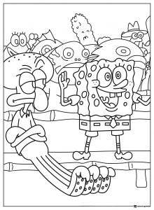 SpongeBob Coloring Sheet Squidward and SpongeBob with other characters