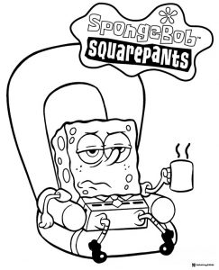 SpongeBob Coloring Sheet Tired SpongeBob sitting in a chair with coffee