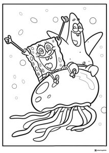 SpongeBob and Patrick Coloring Sheet riding a jellyfish