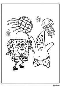 SpongeBob and Patrick jellyfish hunting Coloring Page