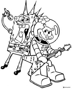SpongeBob and Sandy Coloring Page playing rock music