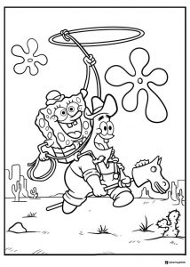 SpongeBob and cowboy Coloring Sheet riding