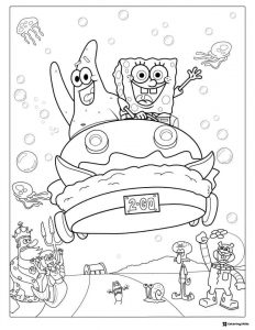 SpongeBob and friends Coloring Sheet on burger car