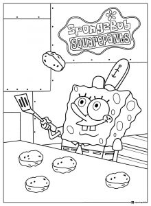 SpongeBob cooking Krabby Patties Coloring Page
