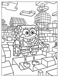 SpongeBob in a Minecraft like world Coloring Page