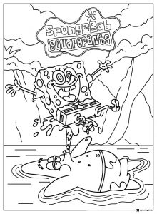 SpongeBob surfing on Patrick Coloring Page