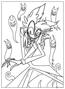 Spooky Alastor Hazbin Hotel Coloring Page with Ghosts