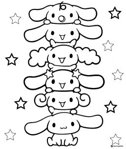 Stacked Cinnamoroll friends coloring page with stars