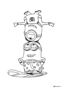 Stacked Minions on Surfboard Coloring Page