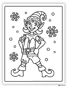 Standing Elf Coloring Page with Snowflakes