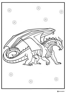 Stocky dragon with curled tail and flowers coloring sheet