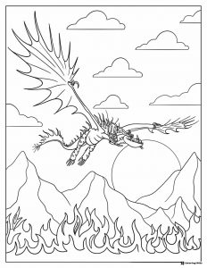 Stormfly Nadder flying over fire and mountains coloring page