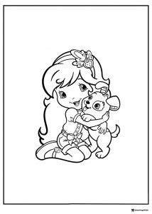 Strawberry Shortcake coloring page hugging a puppy