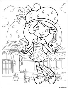 Strawberry Shortcake coloring page in front of a house