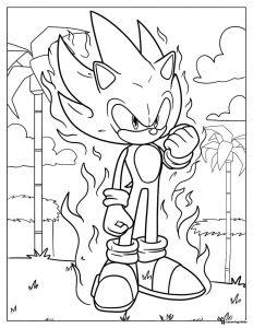 Super Sonic Coloring Page with Flames and Palm Trees