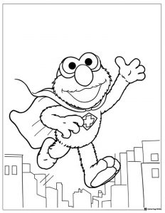 Superhero Elmo flying above city coloring page