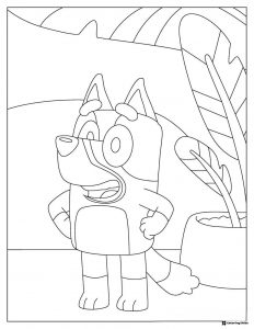 Surprised Bluey Character Coloring Page with Big Leaves Behind