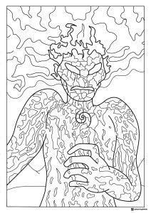 Te Ka Coloring Sheet intricate patterns and fiery hair