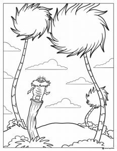 The Lorax on a stump with Truffula Trees coloring page