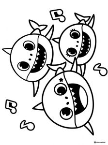 Three Baby Sharks coloring page swimming with musical notes