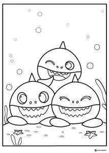 Three Baby Sharks coloring page underwater with starfish