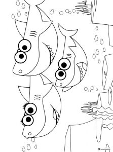 Three Baby Sharks coloring sheet swimming by coral