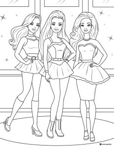 Three Barbie Friends Coloring Page Posing
