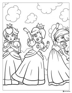 Three Cheerful Princesses Coloring Page with Clouds