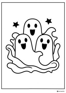 Three Happy Ghosts Coloring Page with Stars